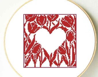 Mother's Day cross stitch pattern. Heart cross stitch. Tulips cross stitch flowers. Flower Gift for Mom, Sister birthday. Heart Wedding gift