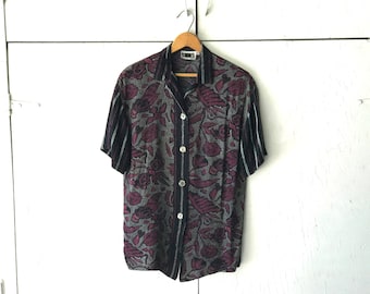 1990's JM By Shelli Segal Women's Print Blouse | Vintage Short Sleeve Shirt | 90s Button Down Top