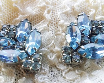 Vintage Blue Glass Rhinestone Earrings - 1950 - Excellent Condition - Spring - Special Occasion - Bridal Shower - Vintage