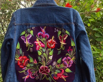 Multi-colored Embroidered Flowers from Chiapas Fabric on Denim Jean Jacket