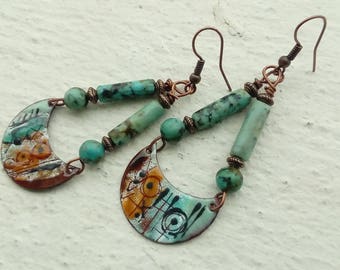 Ethnic swings - earrings in copper and African turquoise enameled