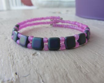boho Bangle beads glass miyuki tila and seed beads in pink and grey