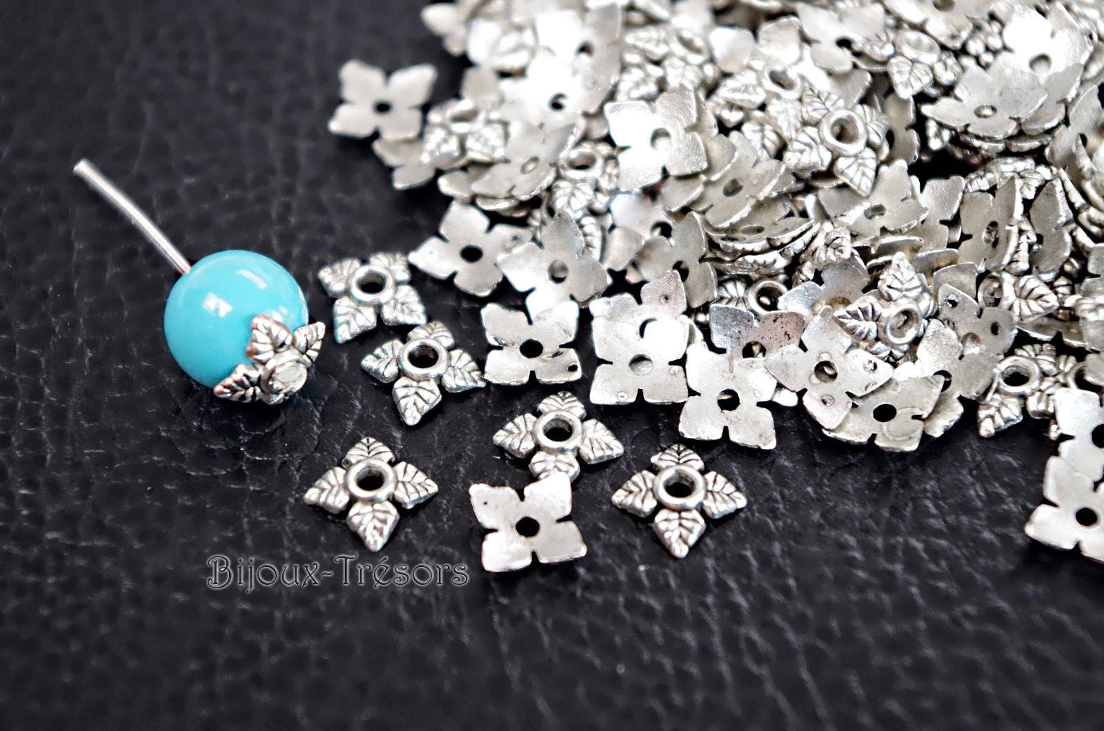 200 bead caps caps for beads Diam. 6 mm shaped leaves silver aged