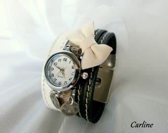 Wristwatch * Cyrius * black white original Taupe leather bow