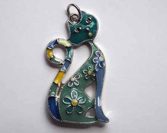 Beautiful cat tone turquoise, blue and yellow enameled metal pendant