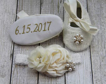 Personalized ivory shoes ivory newborn girl shoes headband ivory hairband ivory baby shoes ivory ballerina shoes ivory baby headband