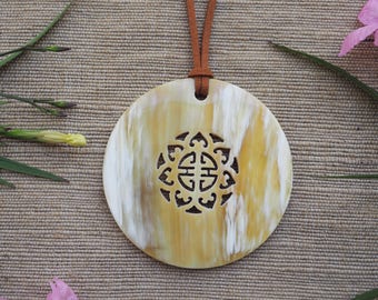 Buffalo Horn Pendant 7cm Leather Necklace Large Circle Carved Flower H.PN11