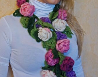 Flower Scarf, Crochet lariat, Crochet leaves.