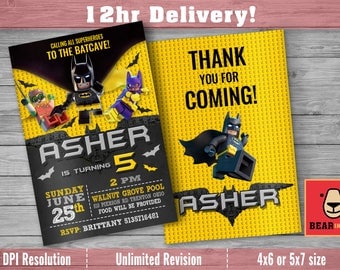 Batman Invite with FREE Thank you Card! Lego Batman Birthday, Lego Batman Invitation, Lego Batman Party, Lego Batman Birthday Invitation