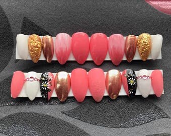 Glamoureuze roze, zwart, wit en Chroom glans, handbeschilderd Nail Art, Express pers op nagels