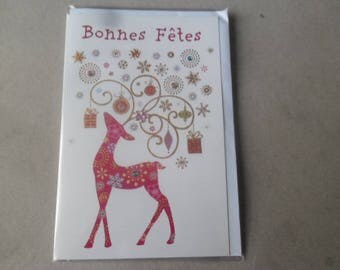 x 1 greeting card "Bonne" depicting a beautiful multicolored deer and rhinestones with its envelope 17,5 x 11,5 cm