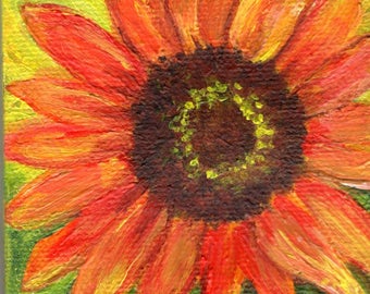 Sunflower mini canvas art, sunflower original mini painting on Canvas, Easel, acrylic painting of sunflower 3 x 3 SharonFosterArt