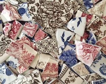 Mosaic Supplies Tiles Vintage Transferware Blue Red Lot Mix Flower chintz Broken Plate Tesserae 300 Antique