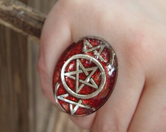 Blood Goddess Triple Pentagram and Red Glitter Ring by Ugly Shyla - Big Ring - Inverted - Exclusive - Pentagram Ring - Adjustable Ring -