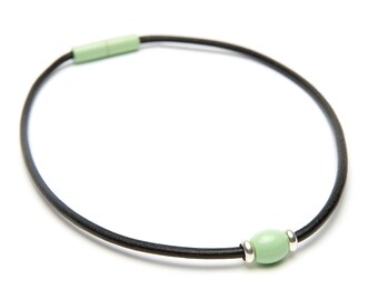 SALE: Mint Green Black Leather Magnetic Landella Single Bead Choker Necklace