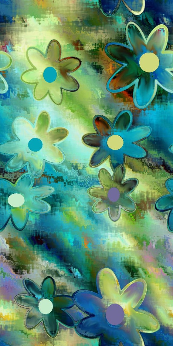 Blue Green Flowers Jersey Cotton Spandex Knit Artist Hand Created Fabric By The Yard