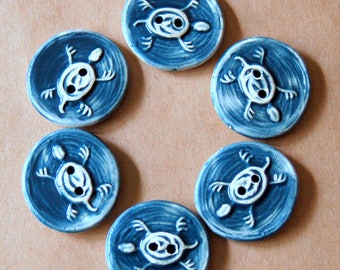 6 Handmade Ceramic Buttons - Turtle Buttons in Denim Blue Buttons - Perfect for Summer Creations! Button Bracelets, Denim Purses ...
