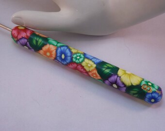 Extra Large Ergonomic Handled Tropical Floral Polymer Clay Covered Crochet Hook Boye 2.25mm