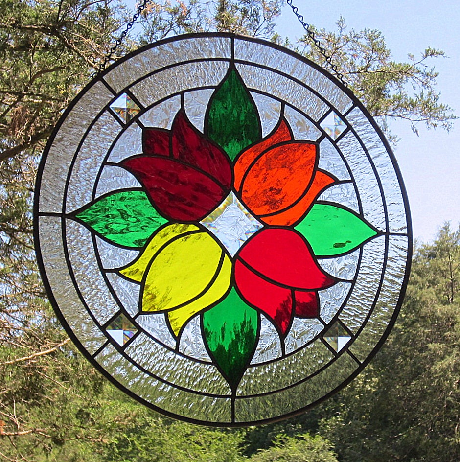 Stained Glass Red Orange Yellow Tulips Round Beveled