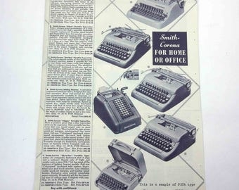 Vintage 1950s Catalog Page of Smith Corona Portable Typewriters for Home or Office