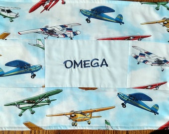 Personalized school placemat, listening mat, preschool place mat, airplane fabric, fabric placemat