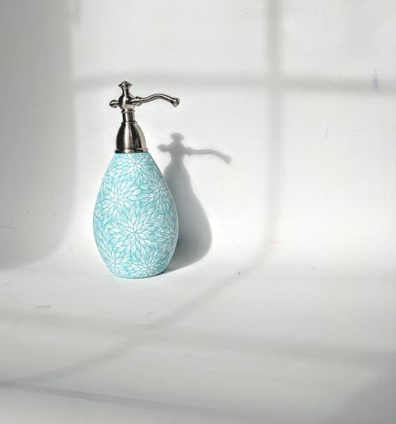 Elegant soap dispenser Blue and white hand painted glass soap dispenser