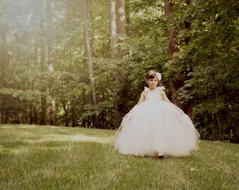 Ivory Lace Flower Girl Dress Barn Wedding Party Bridesmaid Rustic Country Birthday Cream Tulle Champagne Princess Ball Gown Full Shabby Chic