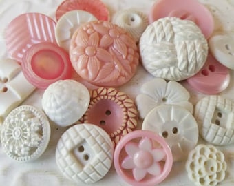 Vintage Buttons - Cottage chic fancy pierced mix of pink and white lot of 21 old and sweet( July410 17)