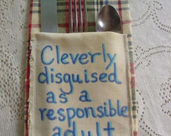Cutlery Holder, Fun Sayings, Plaid fabric, Cleverly disguised as a responsible adult, college gift, first job,birthday gift