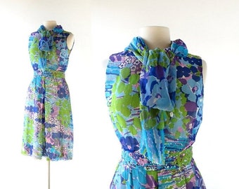 20% off sale 1960s Cocktail Dress | Floral Chiffon Dress | Rhinestone Dress | 60s Dress | XS