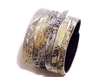 50% OFF SALE Metallic color leather cuff bracelet. Fashion bracelet. Leather jewelry