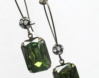 SALE 25% Off Art Deco Dangle Earrings Victorian Jewelry Olive Green Earrings MADELINE Olive