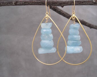Hoop Earrings - Aquamarine Hoop Earrings - Gold Hoops - Aquamarine Jewelry - March Birthstone - Blue Aquamarine Earrings - Aquamarine Drops