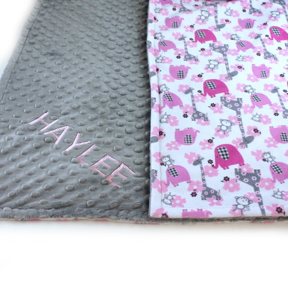 Toddler Blanket / Pink Elephant Blanket / 48 x 60 Minky Blanket Girl, Pink Gray Animal Personalized Baby Blanket - Minky Throw Blanket