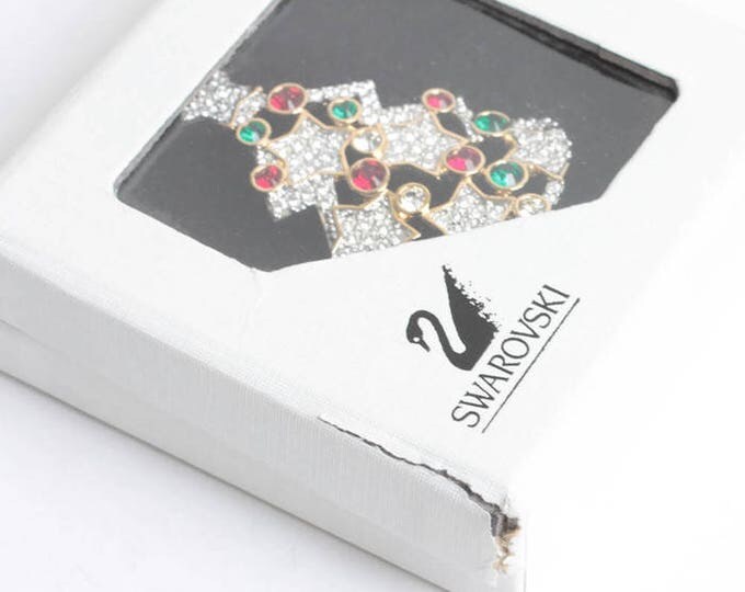 Swarovski Signed Christmas Tree Pin Clear Crystals Red and Green Ornaments Original Box