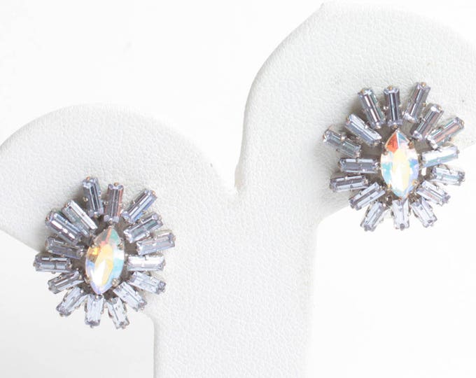 AB Rhinestone Starburst Earrings Clear Baguettes Marquise Clip On Vintage Bridal Wedding