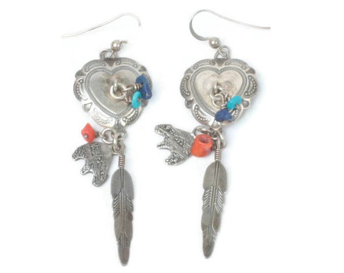 Southwestern Style Dangle Earrings Heart Feather Bear Stones Signed QT Vintage