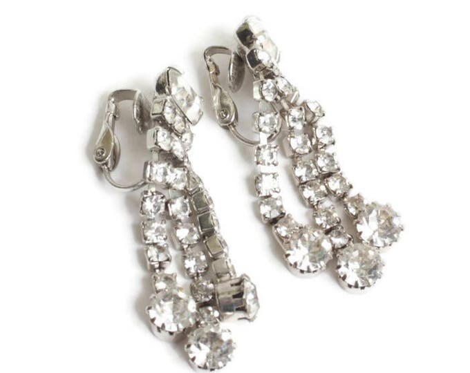 Clear Rhinestone Crystal Dangle Earrings Three Strands Baguettes Chatons Vintage