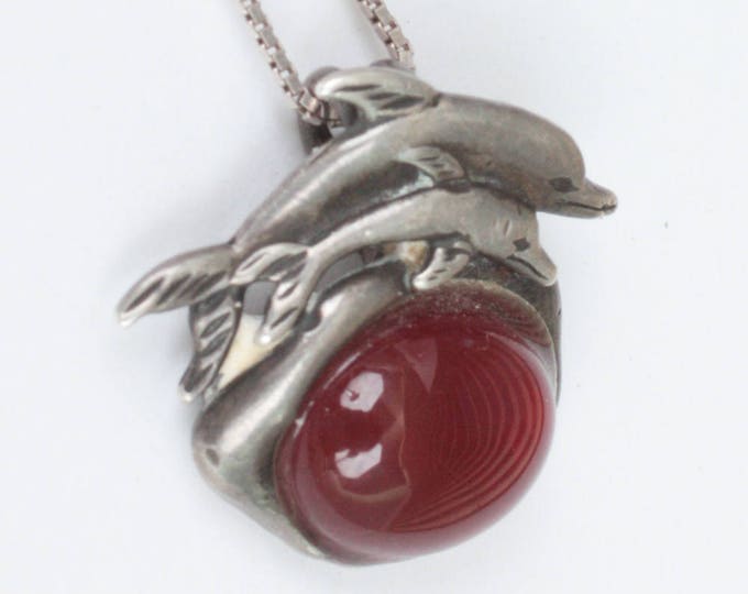 Sterling Dolphin Pendant Simulated Carnelian Cabochon Sterling Chain Sea Life Necklace