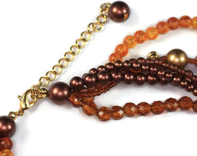 Multi Strand Autumn Colors Necklace Bronze Orange Gold Tone Brown Bead Necklace Vintage