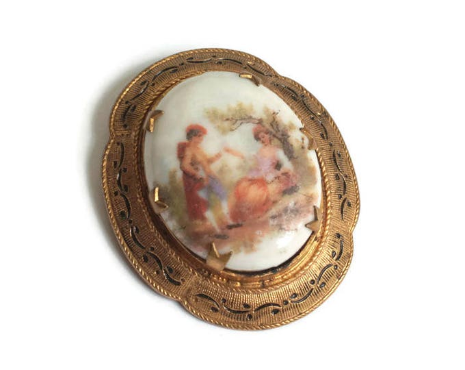 Romantic Courting Couple Porcelain Brooch Cameo Lovers Enameled Frame Vintage