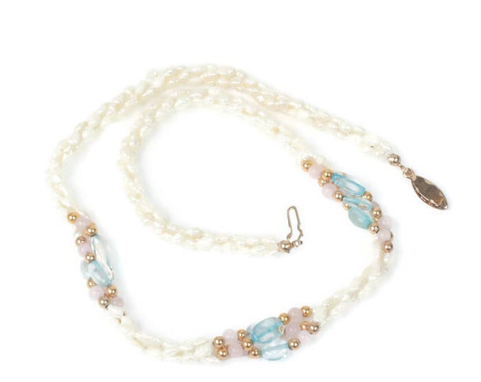 Freshwater Pearl Necklace Blue Glass Beads Rose Quartz Gold Tone Bead Necklace Vintage