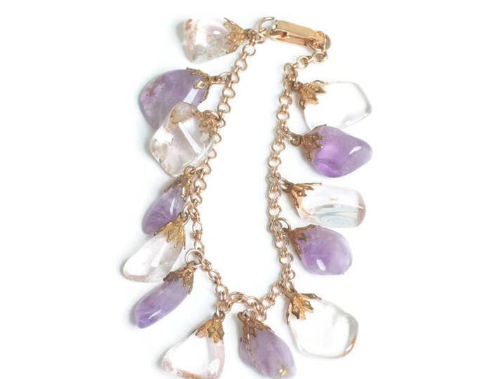 Quartz Amethyst Chunk Charm Bracelet Polished Stones Vintage