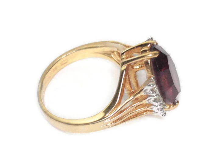 Amethyst Glass and Clear Stones Ring Marquise Stone 18KGE Statement Ring Size 8 Vintage
