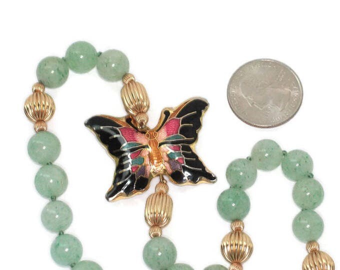 Green Aventurine Bead Necklace Cloisonne Butterfly Focal Gold Tone Beads Hand Knotted Vintage