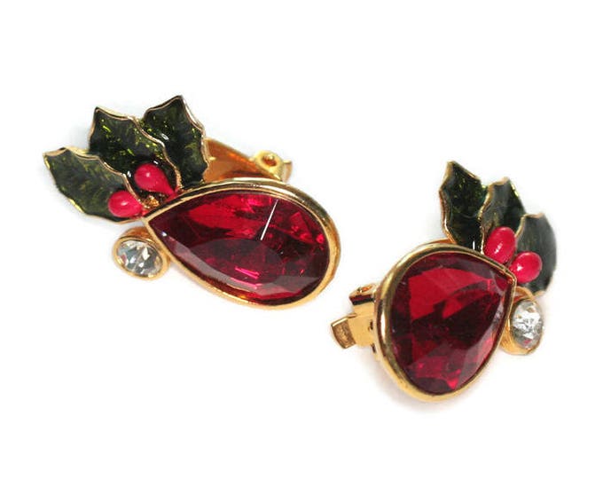 Avon Red Rhinestone Holly Earrings Enameled Leaves and Berries Clip On Style Christmas Holiday