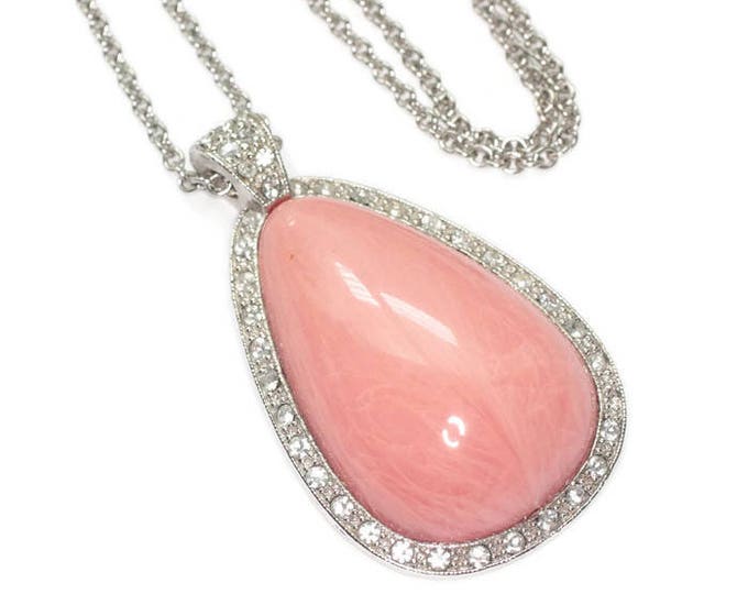 Avon Pale Fire Pendant Necklace Faux Coral Rhinestones Silver Tone 1974