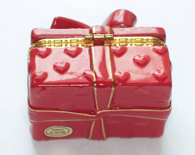 CZ Simulated Diamond Post Earrings with Red Ceramic Trinket Box Bow and Hearts