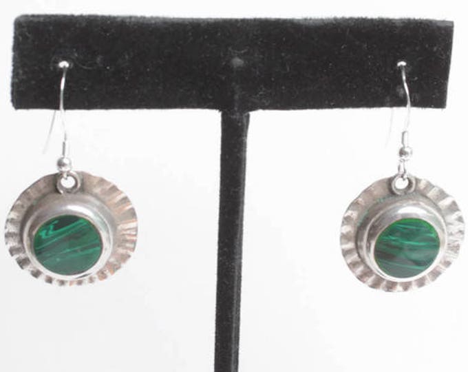 Malachite and Sterling Dangle Earrings Mexico Circular Shape Ear Wires Vintage
