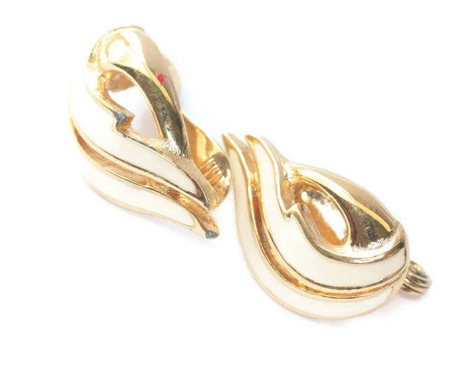 Cream Off White Monet Earrings Gold Tone Clip On Designer Flame Shaped Vintage